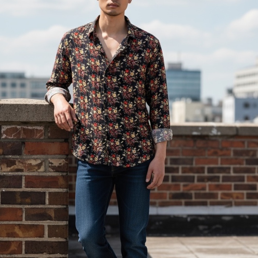 The Kooples Men's Floral Print Button Down Shirt Size M Black Red